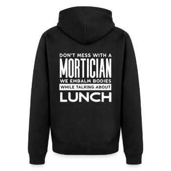Leichenhalter, Undertaker, Bestattungsunternehmen - Unisex Premium Bio Zip Hoodie - Schwarz - Hinten - Nico (187cm)