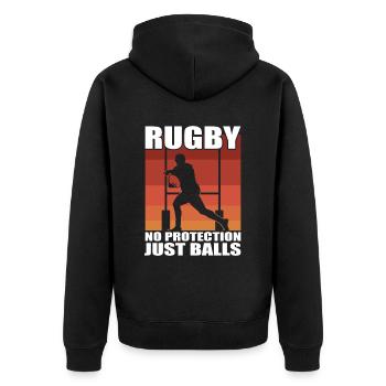 Rugby No Protections - Unisex Premium Organic Zip Hoodie - black - Back - Nico (187cm)