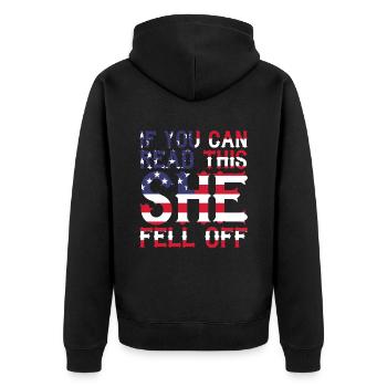 If You Can Read This She Fell Off - Unisex Premium Bio Zip Hoodie - Schwarz - Hinten - Nico (187cm)