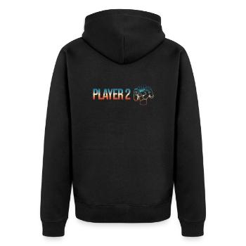 Zocker Paar player 2 in Kombination mit - Unisex Premium Bio Zip Hoodie - Schwarz - Hinten - Nico (187cm)