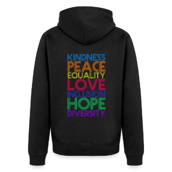 Kindness Peace Equality Love - Unisex Premium Organic Zip Hoodie - black - Back - Nico (187cm)