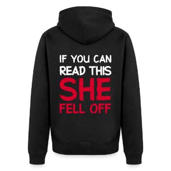Wenn du das lesen kannst, ist sie - Unisex Premium Bio Zip Hoodie - Schwarz - Hinten - Nico (187cm)