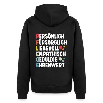 Pflege Definition - Unisex Premium Bio Zip Hoodie - Schwarz - Hinten - Nico (187cm)
