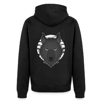 Wolfskopf wildes Tier Motiv Aufdruck mit Wolf - Unisex Premium Bio Zip Hoodie - Schwarz - Hinten - Nico (187cm)