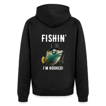 Vintage Fish Fishin - Lustiger Angelfischer - Unisex Premium Bio Zip Hoodie - Schwarz - Hinten - Nico (187cm)