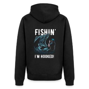 Fishin Ich bin süchtig - Unisex Premium Bio Zip Hoodie - Schwarz - Hinten - Nico (187cm)