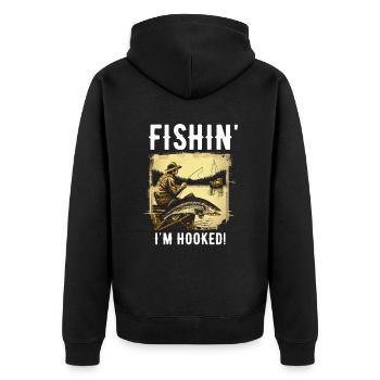Fishin Ich bin süchtig - Unisex Premium Bio Zip Hoodie - Schwarz - Hinten - Nico (187cm)