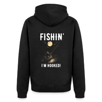 Fishin Ich bin süchtig - Unisex Premium Bio Zip Hoodie - Schwarz - Hinten - Nico (187cm)