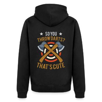 Funny So you throw darts? That's Cute For Axe Thro - Unisex Premium Bio Zip Hoodie - Schwarz - Hinten - Nico (187cm)