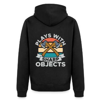 Plays With Sharp Objects Funny For Axe Thrower - Unisex Premium Organic Zip Hoodie - black - Back - Nico (187cm)