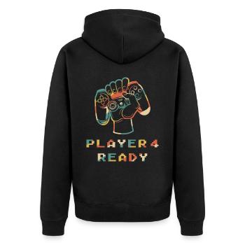 Player 4 Ready in Combo mit Player 1, 2 - Unisex Premium Bio Zip Hoodie - Schwarz - Hinten - Nico (187cm)