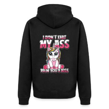 Einhorn Unicorn Wortwitz - Unisex Premium Bio Zip Hoodie - Schwarz - Hinten - Nico (187cm)