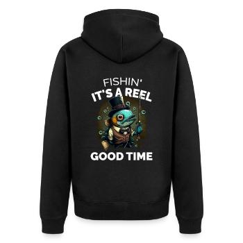 Fishin ist eine gute Zeit - Unisex Premium Bio Zip Hoodie - Schwarz - Hinten - Nico (187cm)