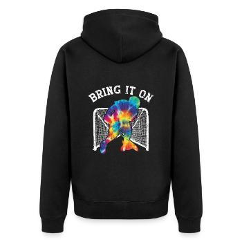 Lacrosse Torwart Lacrosse Spieler - Unisex Premium Bio Zip Hoodie - Schwarz - Hinten - Nico (187cm)