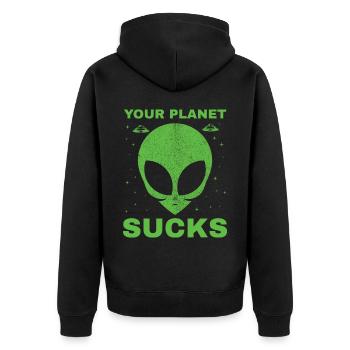 Alien, UFO, UAP, Space, Weltraum Flugobjekt - Unisex Premium Bio Zip Hoodie - Schwarz - Hinten - Nico (187cm)