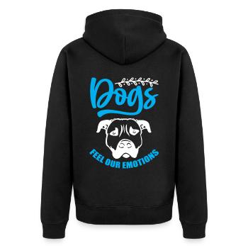 Hunde fühlen unsere Gefühle - blau und weiß - Unisex Premium Bio Zip Hoodie - Schwarz - Hinten - Nico (187cm)