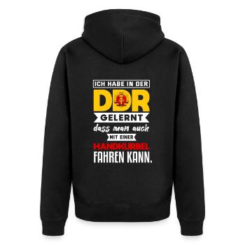 Cooler Ddr Ostdeutschland Osten Spruch - Unisex Premium Bio Zip Hoodie - Schwarz - Hinten - Nico (187cm)