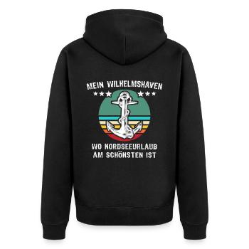 Wilhelmshavener Sprüche Wilhelmshaven - Unisex Premium Bio Zip Hoodie - Schwarz - Hinten - Nico (187cm)