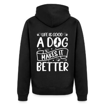 Das Leben ist gut - ein Hund macht es besser - wei - Unisex Premium Bio Zip Hoodie - Schwarz - Hinten - Nico (187cm)