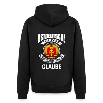Cooler Ddr Ostdeutschland Osten Spruch - Unisex Premium Bio Zip Hoodie - Schwarz - Hinten - Nico (187cm)