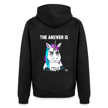the answer is no, lustiges Einhorn - Unisex Premium Bio Zip Hoodie - Schwarz - Hinten - Nico (187cm)