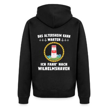 Wilhelmshaven Sprüche Wilhelmshavener Geschenk - Unisex Premium Bio Zip Hoodie - Schwarz - Hinten - Nico (187cm)