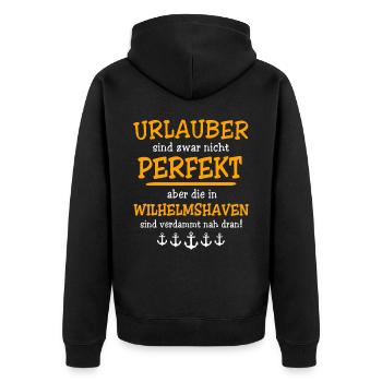 Wilhelmshaven Sprüche Wilhelmshavener Geschenk - Unisex Premium Bio Zip Hoodie - Schwarz - Hinten - Nico (187cm)