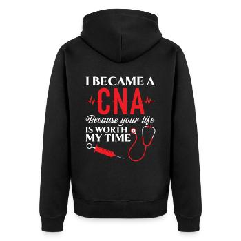 Zertifizierte Pflegehelferin CNA - Unisex Premium Bio Zip Hoodie - Schwarz - Hinten - Nico (187cm)