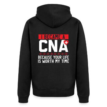 Zertifizierte Pflegehelferin CNA - Unisex Premium Bio Zip Hoodie - Schwarz - Hinten - Nico (187cm)