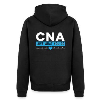 Zertifizierte Pflegehelferin CNA - Unisex Premium Bio Zip Hoodie - Schwarz - Hinten - Nico (187cm)