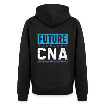 Zertifizierte Pflegehelferin Medical Future CNA - Unisex Premium Bio Zip Hoodie - Schwarz - Hinten - Nico (187cm)