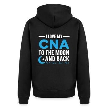 Zertifizierte Pflegehelferin CNA - Unisex Premium Bio Zip Hoodie - Schwarz - Hinten - Nico (187cm)