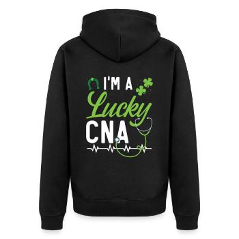 Lucky CNA zertifizierte Pflegehelferin - Unisex Premium Bio Zip Hoodie - Schwarz - Hinten - Nico (187cm)