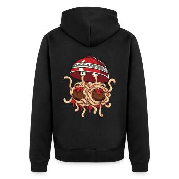 Fliegendes Spaghettimonster FSM Pastafarian Pastaf - Unisex Premium Bio Zip Hoodie - Schwarz - Hinten - Nico (187cm)