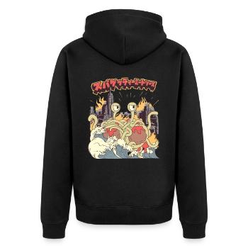 Fliegendes Spaghettimonster Kaiju Pastafari - Unisex Premium Bio Zip Hoodie - Schwarz - Hinten - Nico (187cm)
