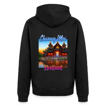 Chiang Mai Sonnenuntergang - Unisex Premium Bio Zip Hoodie - Schwarz - Hinten - Nico (187cm)