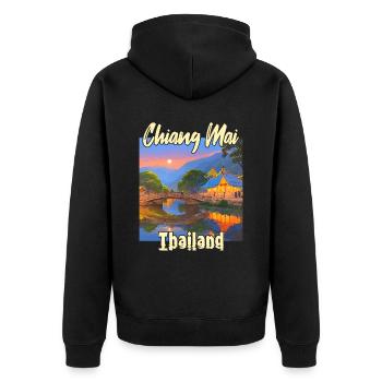 Chiang Mai Sonnenuntergang - Unisex Premium Bio Zip Hoodie - Schwarz - Hinten - Nico (187cm)
