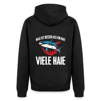 Was ist besser als ein Hai? Viele Haie - Unisex Premium Bio Zip Hoodie - Schwarz - Hinten - Nico (187cm)