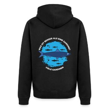 Was ist besser als eine Sardine? Viele Sardinen - Unisex Premium Bio Zip Hoodie - Schwarz - Hinten - Nico (187cm)