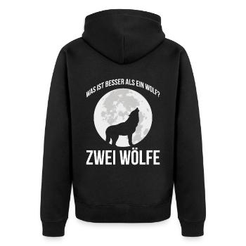 Was ist besser als ein Wolf? Zwei Wölfe - Unisex Premium Bio Zip Hoodie - Schwarz - Hinten - Nico (187cm)
