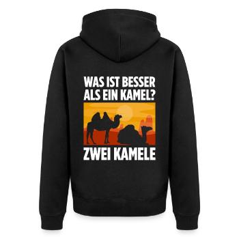 Was ist besser als ein Kamel? Zwei Kamele - Unisex Premium Bio Zip Hoodie - Schwarz - Hinten - Nico (187cm)