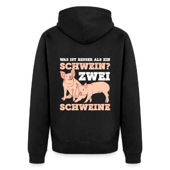 Was ist besser als ein Schwein? Zwei Schweine - Unisex Premium Bio Zip Hoodie - Schwarz - Hinten - Nico (187cm)