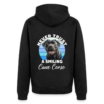 Never Trust A Smiling Cane Corso - Unisex Premium Bio Zip Hoodie - Schwarz - Hinten - Nico (187cm)