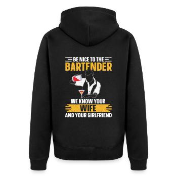 We Know Your Wife & Your Girlfriend Barkeeper - Unisex Premium Bio Zip Hoodie - Schwarz - Hinten - Nico (187cm)