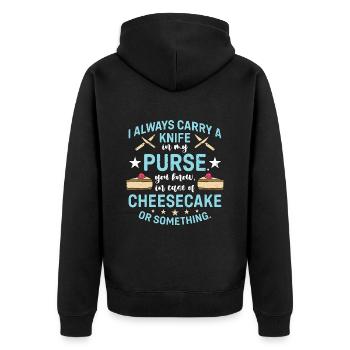 Cheesecake I Always Carry A Knife In My Desserts - Unisex Premium Bio Zip Hoodie - Schwarz - Hinten - Nico (187cm)