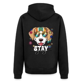 60er 70er Jahre Kostüm Stay Groovy Hippie - Unisex Premium Bio Zip Hoodie - Schwarz - Hinten - Nico (187cm)
