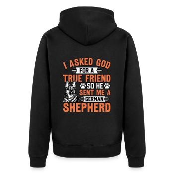Ich bat Gott um einen wahren Freund, er schickte mir den Hirten - Unisex Premium Bio Zip Hoodie - Schwarz - Hinten - Nico (187cm)