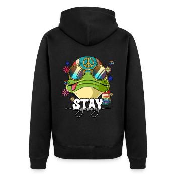 60er 70er Jahre Kostüm Stay Groovy Hippie - Unisex Premium Bio Zip Hoodie - Schwarz - Hinten - Nico (187cm)