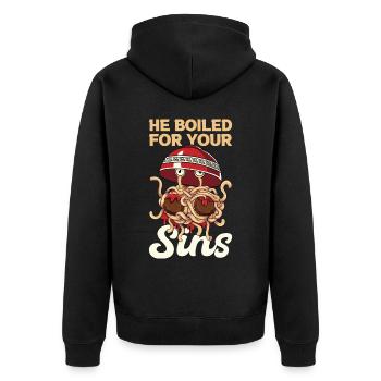 Fliegendes Spaghettimonster FSM - Unisex Premium Bio Zip Hoodie - Schwarz - Hinten - Nico (187cm)