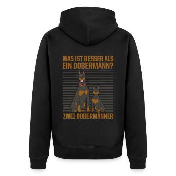 Was ist besser als ein Dobermann? Zwei Dobermänner - Unisex Premium Bio Zip Hoodie - Schwarz - Hinten - Nico (187cm)
